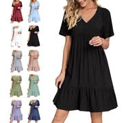 2025 Short Sleeve V Neck Swing A Line Vacation Mini T Shirt Dress, Pleated Ruffle Flowy Tiered Beach Sundresses (UK, Alpha, 3XL, Regular, Regular, Black)