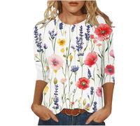 2025 Spring Shirts for Women UK Casual 3/4 Sleeve Crewneck Tunic Tops Dressy Trendy Lightweight Loose Fit Blouse Funny Floral Printed T-Shirt Classic Going Out Tee