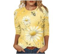 2025 Summer Blouse for Women UK Casual 3/4 Sleeve Crewneck Tunic Tops Funny Bee Sunflower Print Shirts Dressy Trendy Plus Size Tshirts Comfy Loose Fit Tee Going Out Top