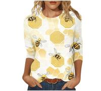 2025 Summer Blouse for Women UK Casual 3/4 Sleeve Crewneck Tunic Tops Funny Bee Sunflower Print Shirts Dressy Trendy Plus Size Tshirts Comfy Loose Fit Tee Going Out Top