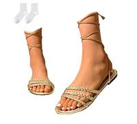 2025 Summer Cross Strap Sandals, Women's Elegant Casual Flat Sandals Large Size Open Toe Slingback Roman Shoes Slippers Evening Dress Shoes for Wedding Prom Party,Gold,43