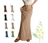 2025 Summer Linen Maxi Skirts for Women, Casual Comfy Drawstring Waist A Line Skirts, Cute Vacation Boho Long Flowy Skirts (Dark Brown,M)