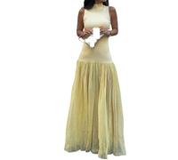 2025 Summer New Women's Clothing High Neck Temperament Slim Fit Patchwork Long Skirt Fashion Dress(S) Yellow