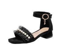 2025 Summer Sandals Girls Kids Girl Sandals Kids Shoes Thick Heel Open Toe Fashion Cute Pearl Lace Princess Sandals EVA 38, black, 2 UK