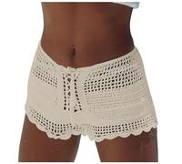 2025 Summer Swimming Trunks Women's Bikini Bottoms Bikini Bottoms Women's Summer Plain Knitted Sexy Hollow Out Drawstring Beach Shorts and Swimming Trunks Swimming Skirt Children, beige, L