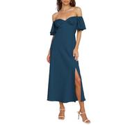 2025 Summer Women's Satin Off Shoulder Formal Dress Wedding Guest Elegant Butterfly Sleeve Split Cocktail Prom Midi Dresses, Teal, XL