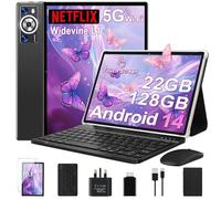 2025 Tablet 10 Inch Android 14 22GB RAM+128GB ROM(TF 2TB), Octa Core 2.0 GHz, 5G WiFi, 8000mAh | BT5.0 | Widevine L1 FHD | Face ID | Widgets | GPS | Type C | GMS Tablet with Keyboard & Mouse - Black