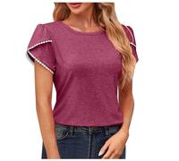 2025 Top Women Summer Short Sleeve T-Shirts Women Round Neck Petal Sleeve Loose Casual Solid Color Chic Elegant Soft Breathable Top Comfortable Fit Classic Tunic