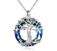 2025 Tree of Life Necklace with Shining Crystal Sweet Female Friendship Jewelry Gift Abalone Shell Pendant Necklace Family Tree Jewelry for Mom Daughter Sister Girls Silver-Blue Crysta