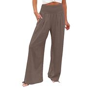 2025 Trendy Summer Women Linen Palazzo Pants Beach Boho Wide Leg High Waist Casual Lounge Pants Trousers 2025 Beach Travel Vacation Outfits Coffee