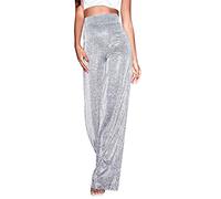 2025 Trousers Ladies Bright Silk High Waist Drape Zip Wide Leg Flared Pants (Silver, M)
