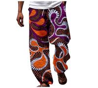 2025 Trousers Mens African Dashiki Traditional Style Casual Trouser Summer Hawaii Holiday Ankara Beach Floral Pants (Purple, M)