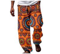 2025 Trousers Mens African Dashiki Traditional Style Casual Trouser Summer Hawaii Holiday Ankara Beach Floral Pants (Orange, L)