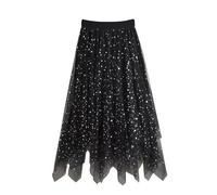 2025 Tulle Skirts with Sequins Star Pattern for Little Girls Long Sequin Skirt Tutu High Low Skirt Glitter A-line Skirt with Elastic Waist Pleated Girls, black, 13- 14 Years