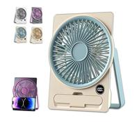 2025 Ultra Slim Card USB Rechargeable Mini Fan with LCD Display & Phone Holder - 6 Speeds, Whisper-Quiet, 180° Folding, Hanging & Standing Portable Desk Fan (Blue)