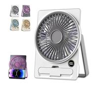 2025 Ultra Slim Card USB Rechargeable Mini Fan with LCD Display & Phone Holder - 6 Speeds, Whisper-Quiet, 180° Folding, Hanging & Standing Portable Desk Fan (White)