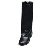 2025 Under The Knee High Boots Pull On Square Toe Block Low Heels Boots Women Medium Calf (Black, 4)