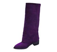 2025 Under The Knee High Boots Pull On Square Toe Block Low Heels Boots Women Medium Calf (Purple, 5)