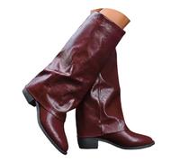 2025 Under The Knee High Boots Pull On Square Toe Block Low Heels Boots Women Medium Calf (Red, 4)