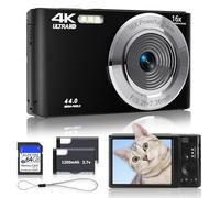 2025 Upgrade 4K 44MP Black Digital Cameras for Teens, Autofocus Digital Point and Shoot Camera for Kids with 16X Zoom, 64GB SD Card, Compact Small Camera for Boys Girls Teens Kids Gift