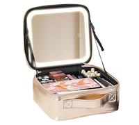 2025 Upgrade Beauty Reformation Travel Makeup Bag with Adjustable Dividers, 4k HD Mirror Auricrest Makeup Bag, 3 Touch-Sensitive Light Modes, with 76 High-CRI LED, 2000mah (Gold, Small)