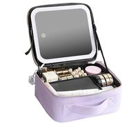 2025 Upgrade Beauty Reformation Travel Makeup Bag with Adjustable Dividers, 4k HD Mirror Auricrest Makeup Bag, 3 Touch-Sensitive Light Modes, with 76 High-CRI LED, 2000mah (Purple, Small)