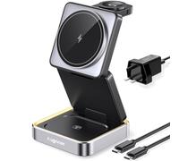 【2025 Upgraded】Magnetic Wireless Charger 3 in 1, Travel Foldable Wireless Charging Station with Night Light for Apple MagSafe Charger, Nightstand Fast 15W Charging Station (20W Adapter)