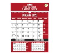 2025 Wall Calendar 3 Months to View Red Planner Hanging Spiral Bound 230 x 248mm