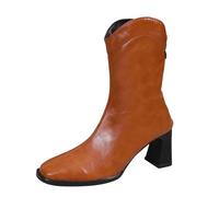 2025 Western Cowboy Boots with Heel and Square, Women's Boots from Europe and USA with V-Neck and Zip on the Back, Mid Height Women's Boots Overknees Women 44, brown, 2/2.5 UK