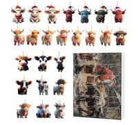 2025 with 24 Days Countdown, 2D Acrylic Highland Cattle Christmas Ornaments, Cartoon Cow Hanging Pendant for Christmas Tree Window Car Wall Door Decoration