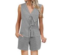 2025 - Women 2 Piece Gingham Sets Tie Front Vest Top Plaid Shorts Matching Pj 2pcs Pajamas Sets Bathing Suits for Women Boy Shorts (Black, M)