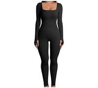 2025 Women Sexy Ribbed Knit Yoga Jumpsuits UK Clearance Long Sleeve Playsuit Summer Long Pants Romper Square Collar Overall Trousers Sexy Dungarees All in One Gym Wear Skinny Stretch Bodysuit