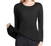 2025 Women Solid Thermal Top Long Sleeve Round Neck Pullover T Shirt Base Top (Black, M)