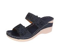 2025 Women Summer Flowers Slip On Casual Open Toe Wedges Soft Bottom Breathable Slippers Shoes Sandals Vegan Woman Shoes (Navy, 7)