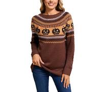 2025 Women's Autumn and Winter Halloween Pumpkin Embroidered Retro Polka Dot Long Sleeved Knitted Pullover Sweater Pretty Tonight Sweaters (Brown, M)