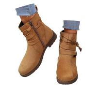 2025 Women's Autumn and Winter Leather Face Solid Color Side Zipper Ankle Boots Warm Casual Temperament Buckle Boots for Baby Boy (Khaki, 6.5)