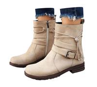 2025 Women's Autumn and Winter Leather Face Solid Color Side Zipper Ankle Boots Warm Casual Temperament Buckle Boots for Baby Boy (Beige, 5)