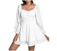 2025 Women's Boheme Dress Long Sleeve V-Neck Pleated Chic and Elegant Mid Length Ruffles Casual A-Line Solid Color Elastic Fluid Comfortable Loose Fit Swing Dress