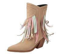 2025 Women's Boots Chunky Heel Embroidery Embroidery Western Boots Tassel Hit Color Suede Pointed Toe Side Zipper Short 2024 Foreign Trade High Fashion Dress (Khaki, 6)