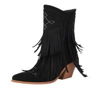 2025 Women's Boots Chunky Heel Embroidery Embroidery Western Boots Tassel Hit Color Suede Pointed Toe Side Zipper Short 2024 Foreign Trade High Fashion Dress (Black, 5.5)