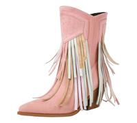 2025 Women's Boots Chunky Heel Embroidery Embroidery Western Boots Tassel Hit Color Suede Pointed Toe Side Zipper Short 2024 New Foreign Trade Horseback Men (6) Pink