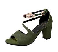2025 Womens Buckle Strap Chunky Heel Sandals Beaded Fish Mouth High Heels Summer Casual Ankle Strap Sandals Boho Shoes Ladies Wide Shoes (Army Green, 5.5)