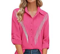 2025 Women's Button Down Shirt with Rhinestone Fringe Rolled 3/4 Sleeve Glitter Top Concert Western Outfit Women's Blouses with Elastic Band, Hot Pink, S
