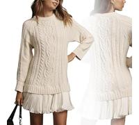 2025 Women's Cable Knit Sweater Dress Crewneck Patchwork Pleated Dresses Style Long Sleeve Mini Dress (Off-White,L)
