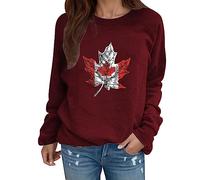 2025 Women's Canadian Maple Leaf Print Crew Neck Long Sleeve Casual Gaming Pullover Men, Wine Red, L