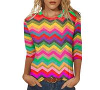 2025 Women's Casual Crew Neck Carnival Colourful Printed T-Shirt with Three-Quarter Sleeves, Top 3 Red with White Dots, x, L