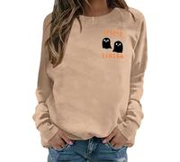 2025 Women's Casual Long Sleeve Crewneck Sweatshirt Loose Fit Halloween Print Fall Winter Tops Comfortable Wear Womens Sweatpants with Zipper Jacket (Khaki, L)