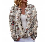 2025 Womens Christmas Cardigan Funny Xmas Tree Print Shirts Casual Long Sleeve Sweater Lightweight Fall Outfits Art Floral Print Jacket (Beige, XL)