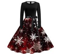 2025 Women's Christmas Dress Printed Long Sleeve Round Neck Casual High Waist Slim Chic Elegant Loose Hem Autumn Winter Versatile Vintage Dress for Christmas Evening Party