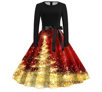 2025 Women's Christmas Dress Round Neck Long Sleeve Vintage Slim Lace Up Casual Flowy Hem Chic and Elegant High Waist Versatile Autumn Winter Dress for Christmas Party